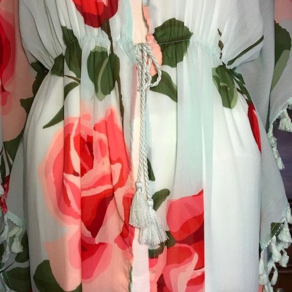NWOT Chiffon Aqua Floral Tassel Tie Front Kimono Duster - Picture 10 of 12